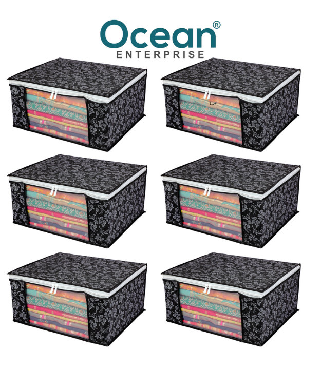 Floral Saree Storage Bags (Pack of 6) WHITE AND BLACK