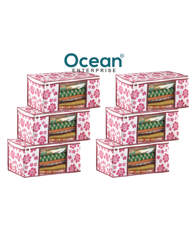 Floral Saree Storage Bags (Pack of 6) WHITE AND PINK